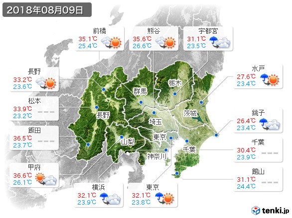 関東・甲信地方(2018年08月09日の天気