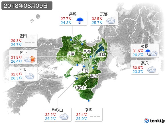 近畿地方(2018年08月09日の天気