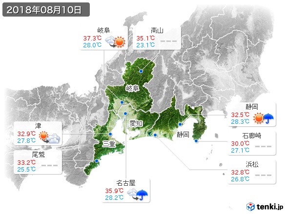 東海地方(2018年08月10日の天気