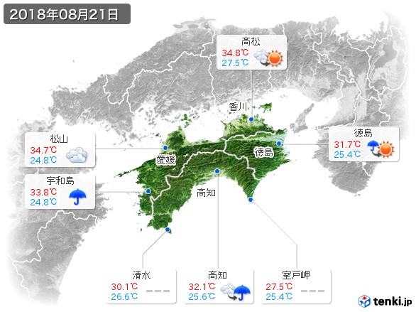 四国地方(2018年08月21日の天気