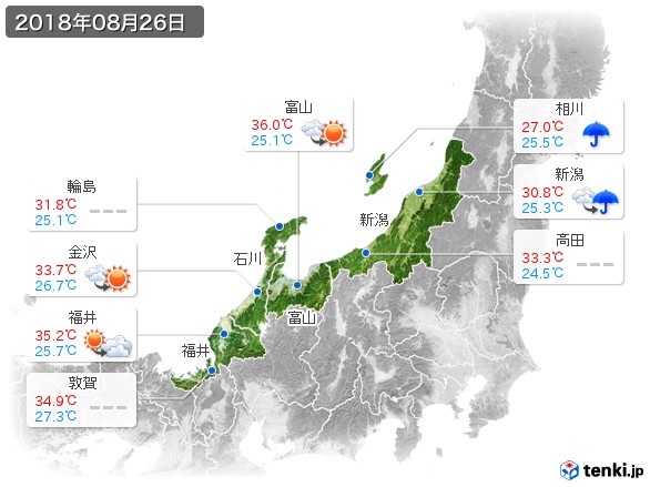 北陸地方(2018年08月26日の天気