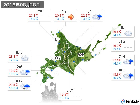 北海道地方(2018年08月28日の天気