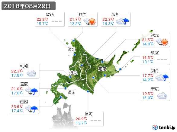 北海道地方(2018年08月29日の天気