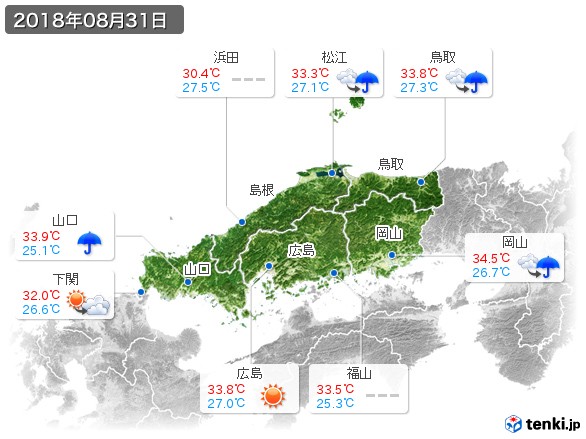 中国地方(2018年08月31日の天気