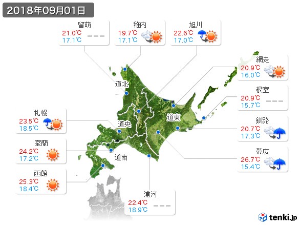 北海道地方(2018年09月01日の天気