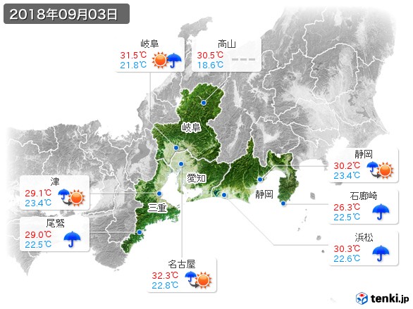 東海地方(2018年09月03日の天気