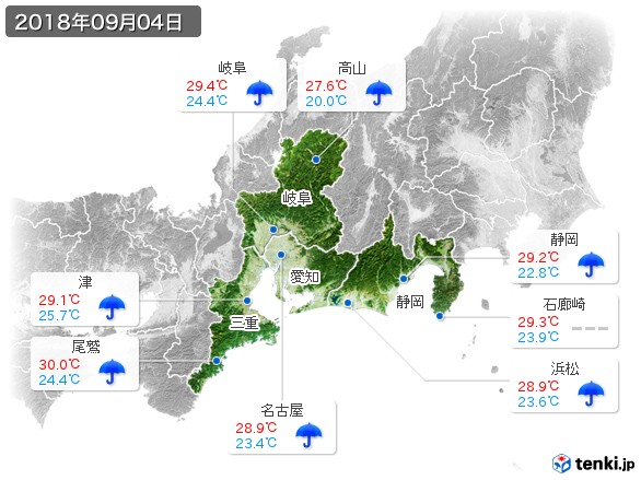 東海地方(2018年09月04日の天気