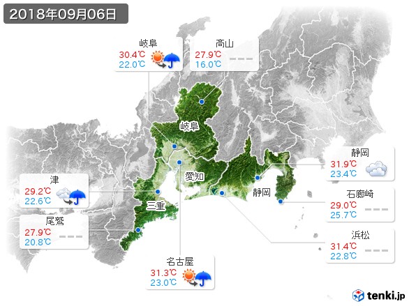 東海地方(2018年09月06日の天気