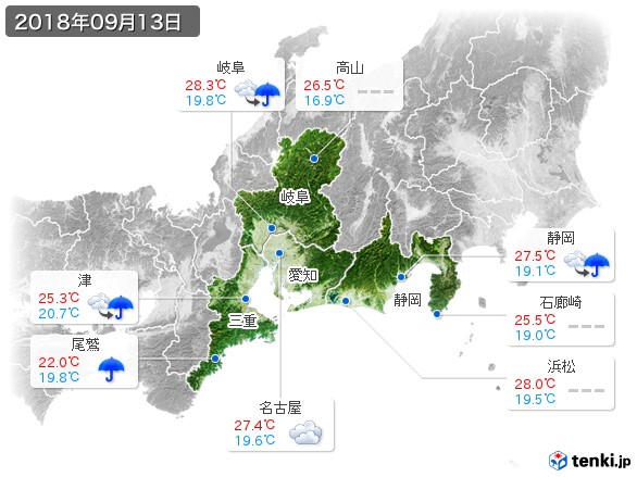 東海地方(2018年09月13日の天気