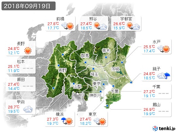 関東・甲信地方(2018年09月19日の天気