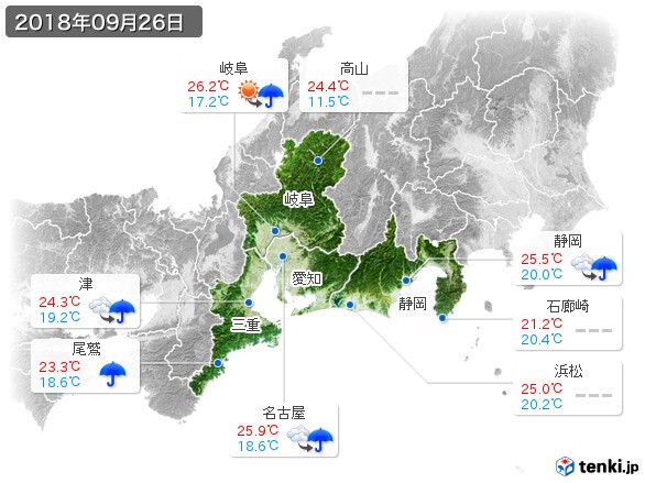 東海地方(2018年09月26日の天気