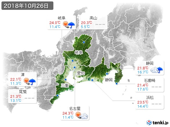 東海地方(2018年10月26日の天気