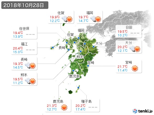 九州地方(2018年10月28日の天気