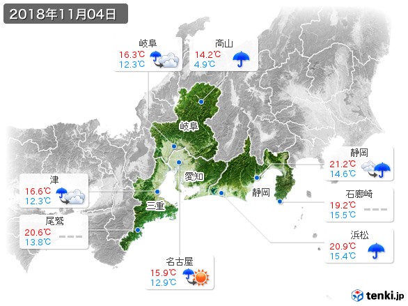 東海地方(2018年11月04日の天気