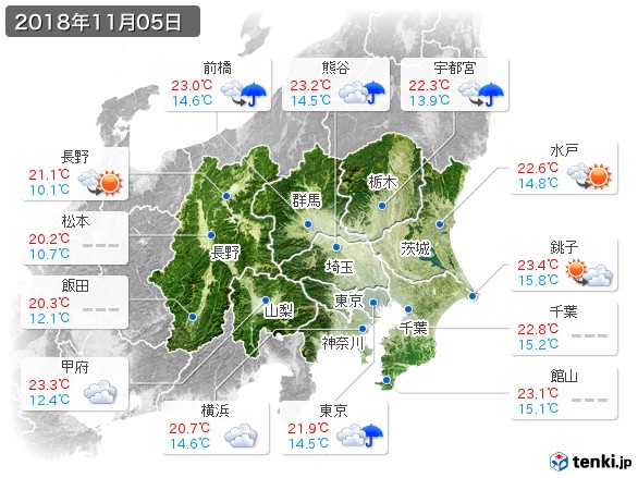関東・甲信地方(2018年11月05日の天気