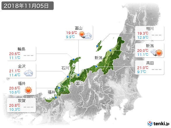 北陸地方(2018年11月05日の天気