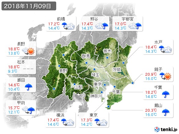 関東・甲信地方(2018年11月09日の天気