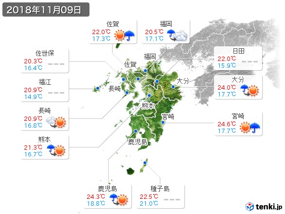 九州地方(2018年11月09日の天気
