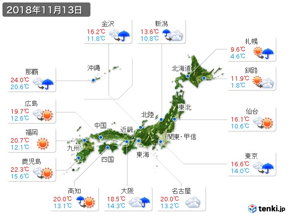 過去の天気 実況天気 18年11月13日 日本気象協会 Tenki Jp