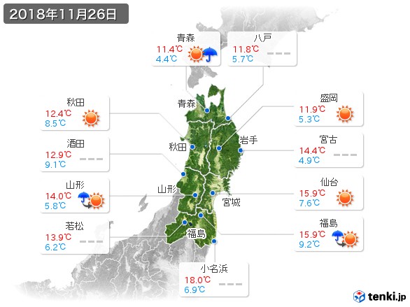 東北地方(2018年11月26日の天気