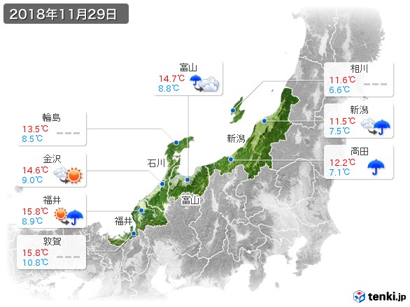 北陸地方(2018年11月29日の天気