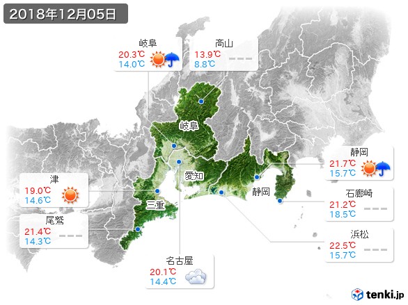 東海地方(2018年12月05日の天気