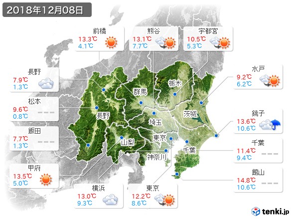 関東・甲信地方(2018年12月08日の天気