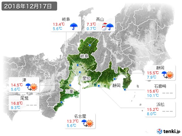 東海地方(2018年12月17日の天気
