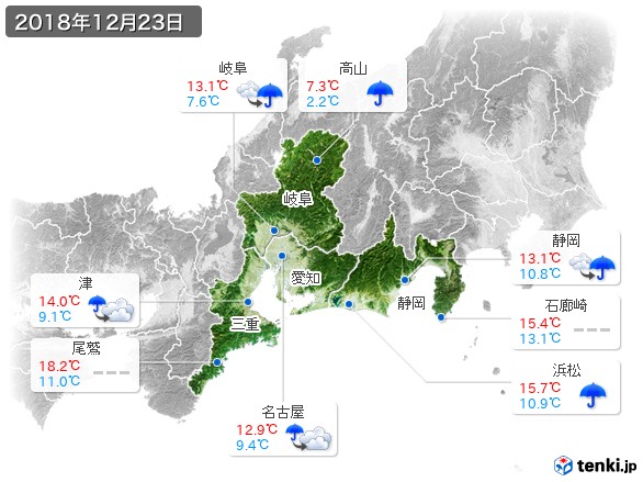 東海地方(2018年12月23日の天気