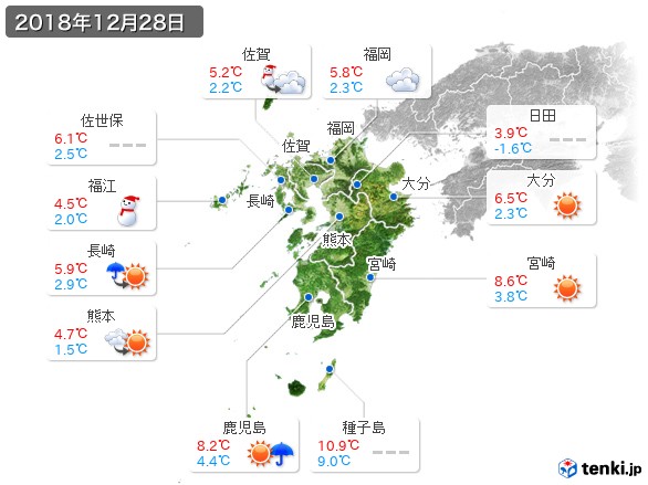 九州地方(2018年12月28日の天気