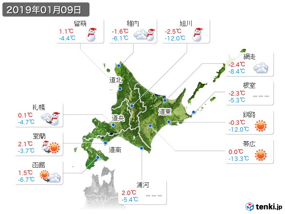 北海道地方(2019年01月09日の天気