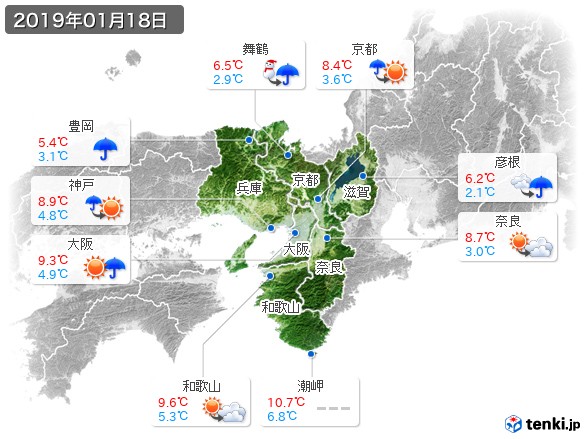 近畿地方(2019年01月18日の天気