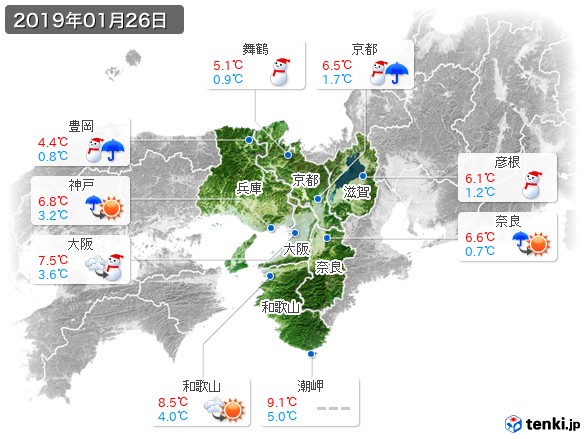 近畿地方(2019年01月26日の天気