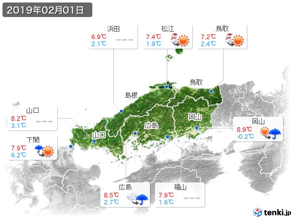 中国地方(2019年02月01日の天気