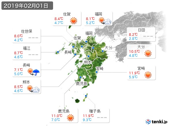 九州地方(2019年02月01日の天気