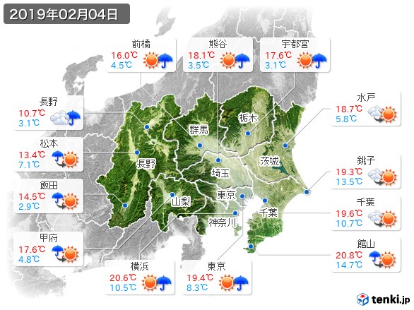 関東・甲信地方(2019年02月04日の天気