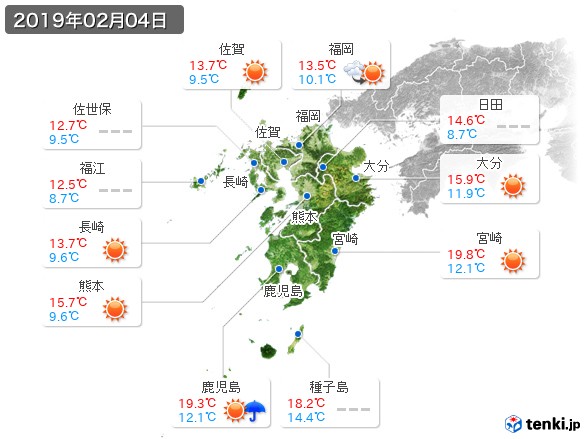 九州地方(2019年02月04日の天気