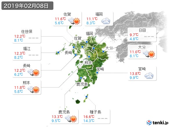 九州地方(2019年02月08日の天気