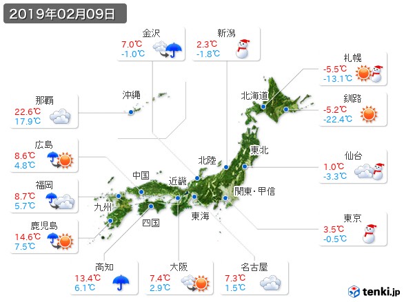 過去の天気 実況天気 19年02月09日 日本気象協会 Tenki Jp
