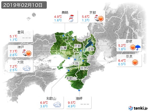 近畿地方(2019年02月10日の天気