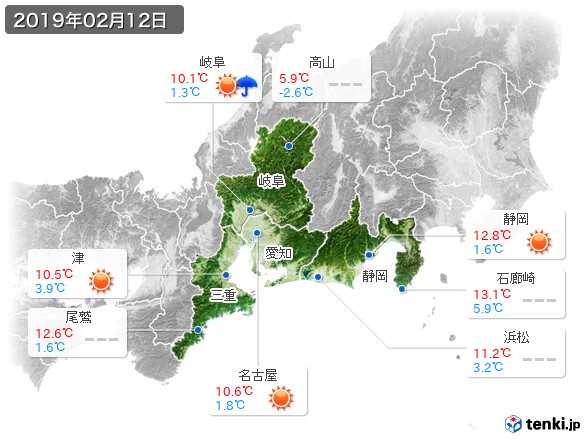 東海地方(2019年02月12日の天気