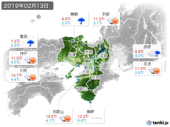 近畿地方(2019年02月13日の天気