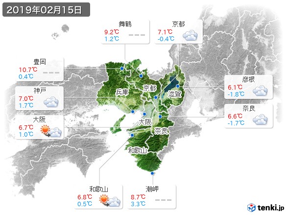 近畿地方(2019年02月15日の天気