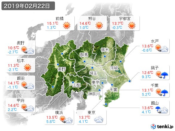 関東・甲信地方(2019年02月22日の天気