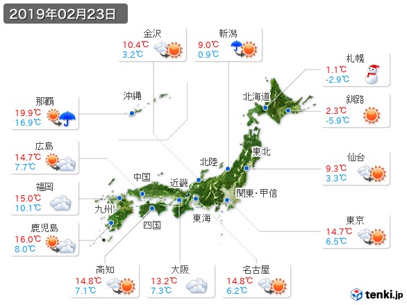 過去の天気 実況天気 19年02月23日 日本気象協会 Tenki Jp