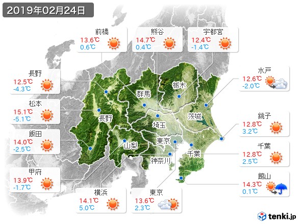 関東・甲信地方(2019年02月24日の天気