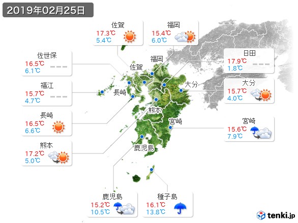 九州地方(2019年02月25日の天気