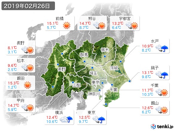 関東・甲信地方(2019年02月26日の天気