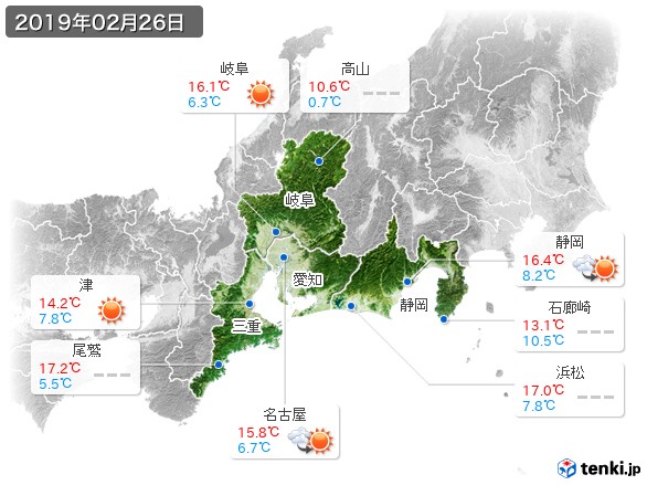 東海地方(2019年02月26日の天気
