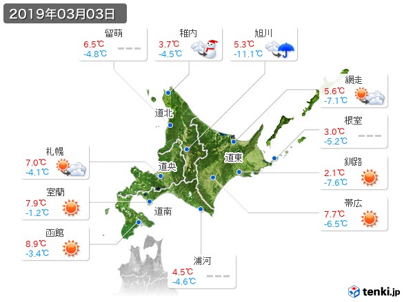 北海道地方(2019年03月03日の天気